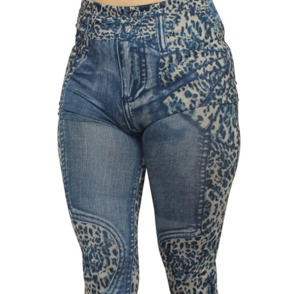 Legging bleu effet jean délavé imprimé léopard 